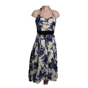 Blue Floral Halter Neck Fit & Flare Rockabilly Eucalyptus Large summer dress‎